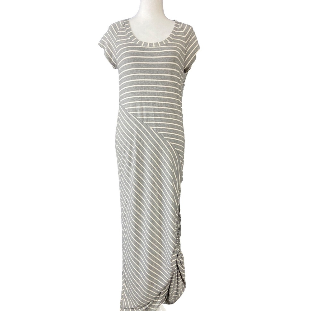Athleta Gray Striped Ruched Maxi T Shirt Dress Womens M 409082 Short Sleeve
